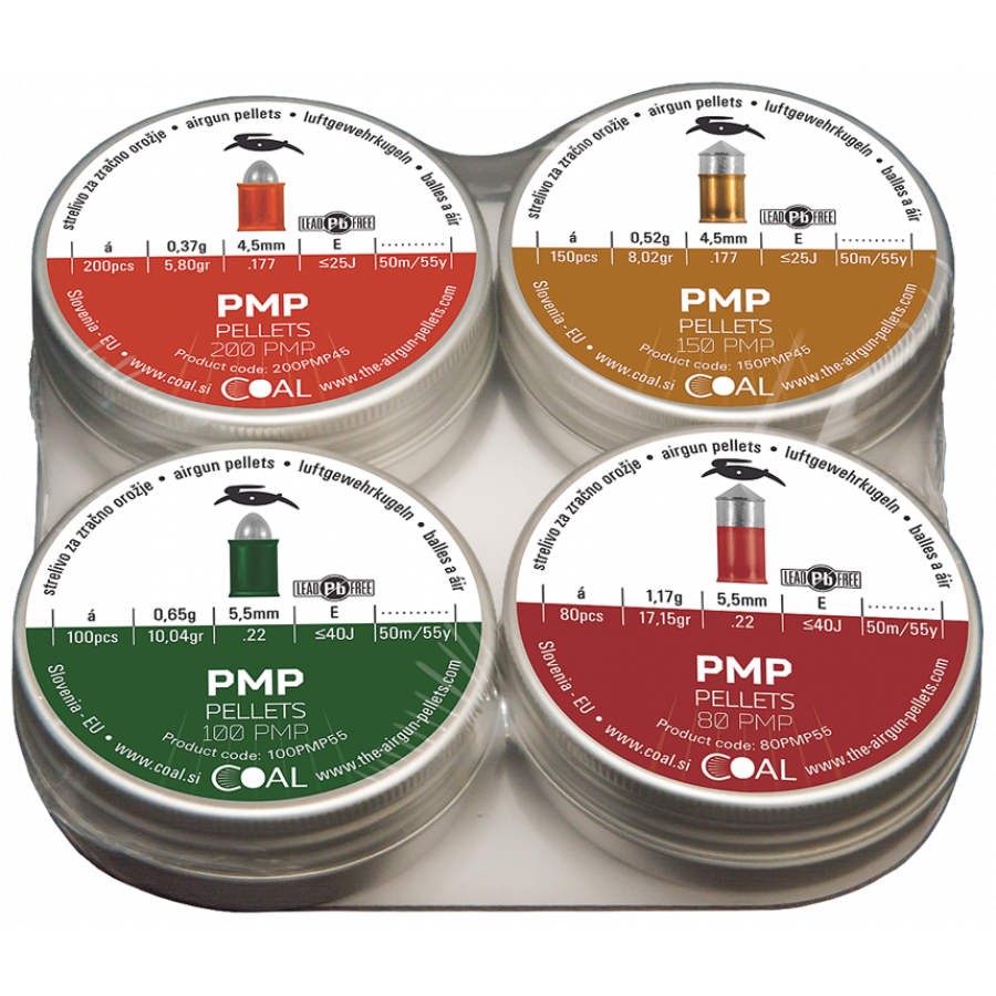 Coal PMP-Pellets (Kunststoff-Metall-Pellets) 4er Test-Packung, Kal.4,5mm/.177 und Kal.5,5/.22 Bleifreie-Pelletts 200PMP/150PMP/100PMP/80 PMP